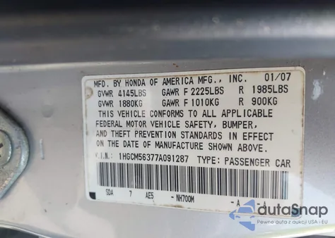 2007 Honda Accord 2.4 Se из США, поврежденный, VIN 1HGCM56377A091287